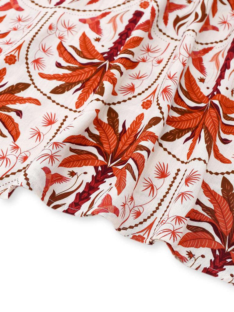 Red 1970s Lapel V-Neck Tropical Plants Dress