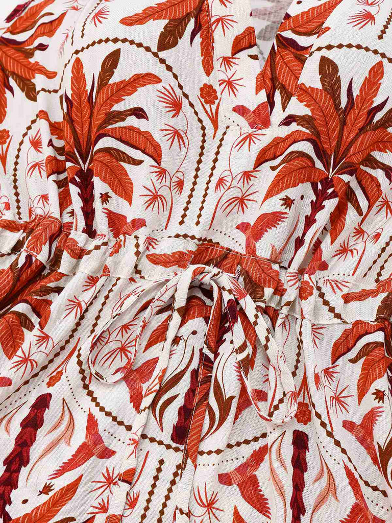 Red 1970s Lapel V-Neck Tropical Plants Dress