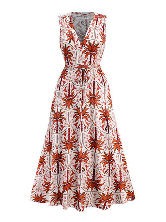 Red 1970s Lapel V-Neck Tropical Plants Dress