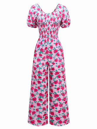 Pink 1930s Rose Puff Sleeve Jumpsuit