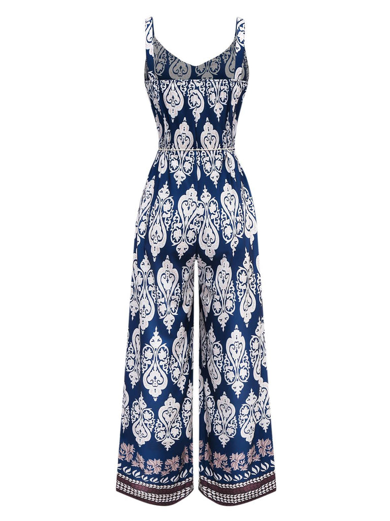 Blue 1970s Boho Ethnic Print Strap Belted Jumpsuit