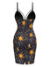 [Pre-Sale] Black 1960s Lace-up Sun Moon Print Bodycon Dress