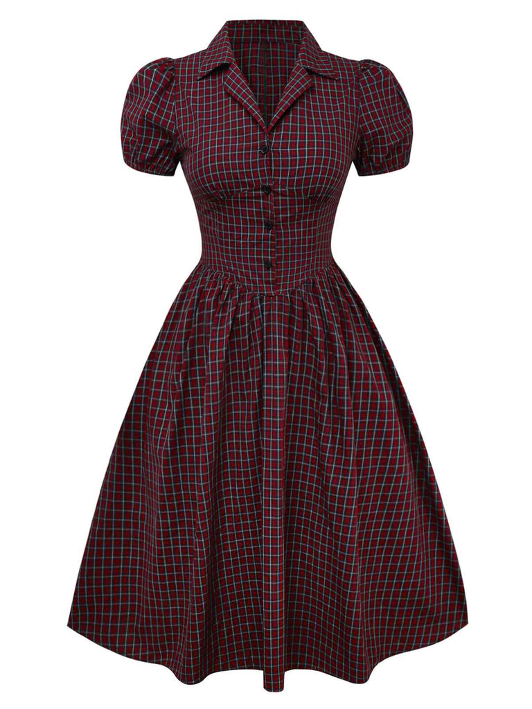 Red 1950s Plaid Lapel Puff Sleeves Cotton Dress