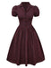 Red 1950s Plaid Lapel Puff Sleeves Cotton Dress