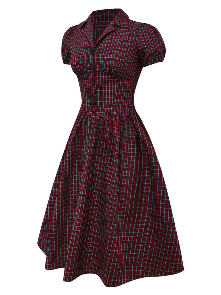 Red 1950s Plaid Lapel Puff Sleeves Cotton Dress