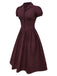 Red 1950s Plaid Lapel Puff Sleeves Cotton Dress