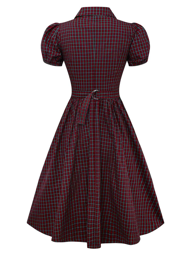 Red 1950s Plaid Lapel Puff Sleeves Cotton Dress
