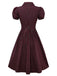 Red 1950s Plaid Lapel Puff Sleeves Cotton Dress