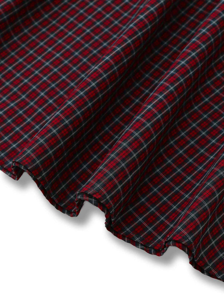 Red 1950s Plaid Lapel Puff Sleeves Cotton Dress