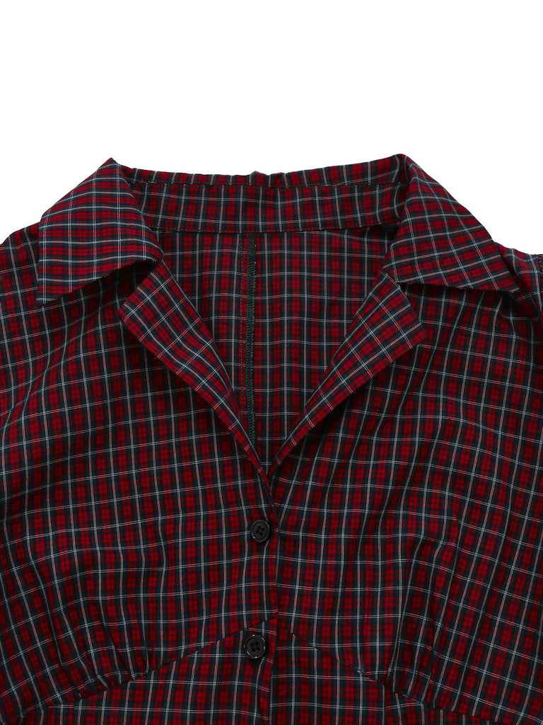 Red 1950s Plaid Lapel Puff Sleeves Cotton Dress