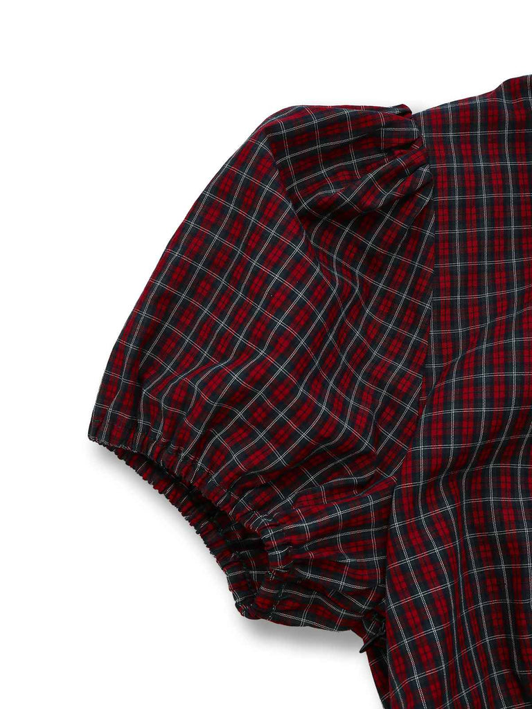 Red 1950s Plaid Lapel Puff Sleeves Cotton Dress