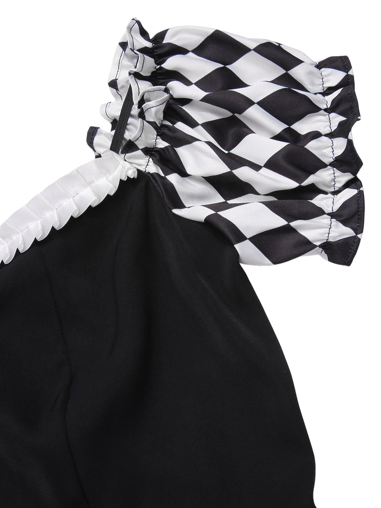 [Pre-Sale] Black 1950s Halloween Harlequin Pattern Dress & Leather Corset