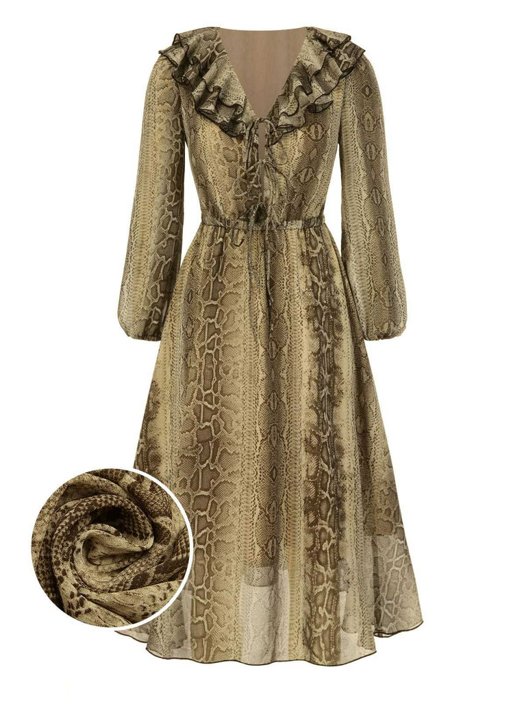 [Pre-Sale] Brown 1980s Snake Print Ruffled Chiffon Dress