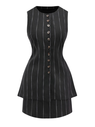 2PCS Black 1960s Pinstripe Pencil Skirt Sleeveless Suit