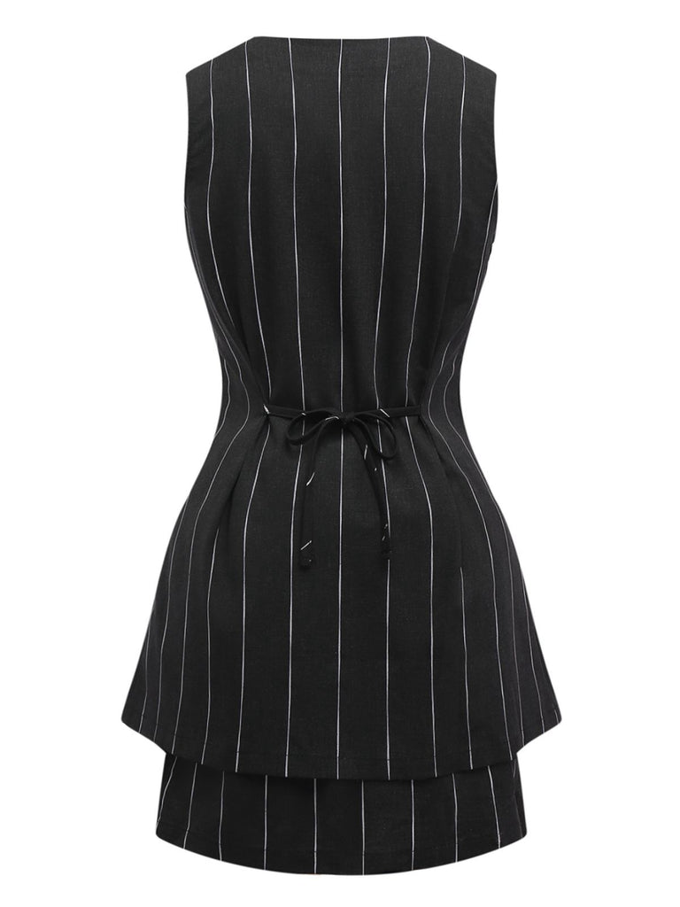 2PCS Black 1960s Pinstripe Pencil Skirt Sleeveless Suit