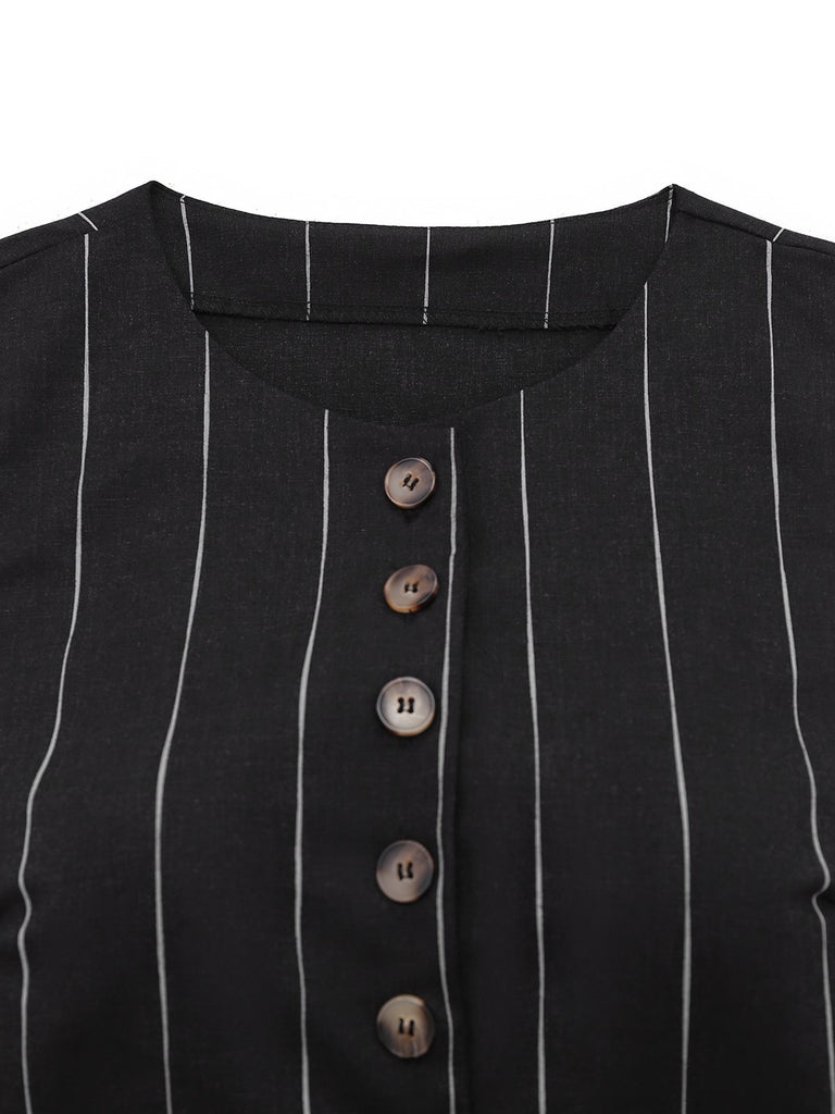 2PCS Black 1960s Pinstripe Pencil Skirt Sleeveless Suit