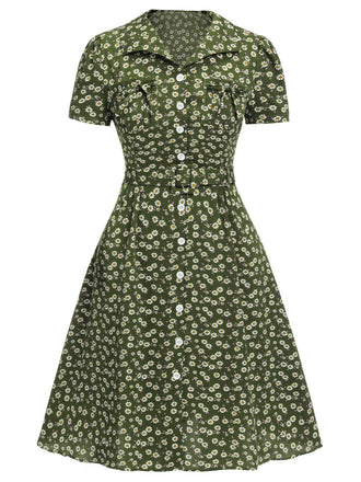 [Plus Size] Green 1940s Lapel Buttons Ditsy Floral Dress