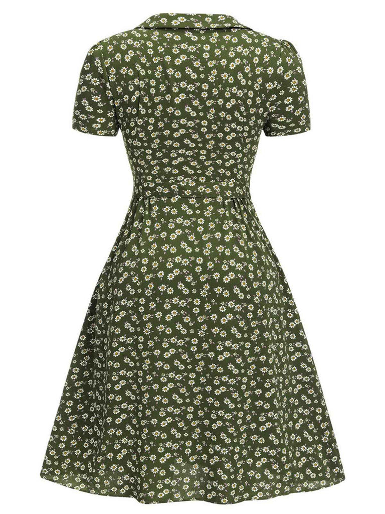 [Plus Size] Green 1940s Lapel Buttons Ditsy Floral Dress