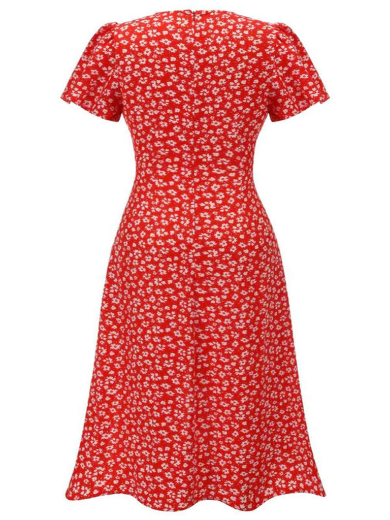 [Plus Size] Red 1940s Floral V-Neck Added Button Dress