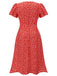 [Plus Size] Red 1940s Floral V-Neck Added Button Dress