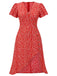 [Plus Size] Red 1940s Floral V-Neck Added Button Dress