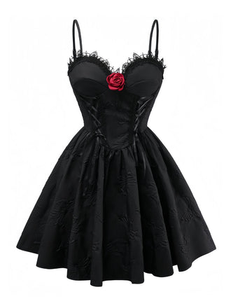 Black 1960s Gothic 3D-Rose Jacquard Lace-Up Dress