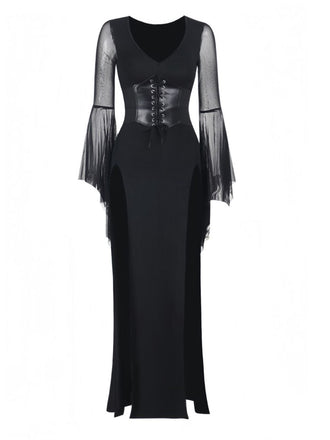 Black 1980s Gothic Sheer Sleeve Corset Slit Dress