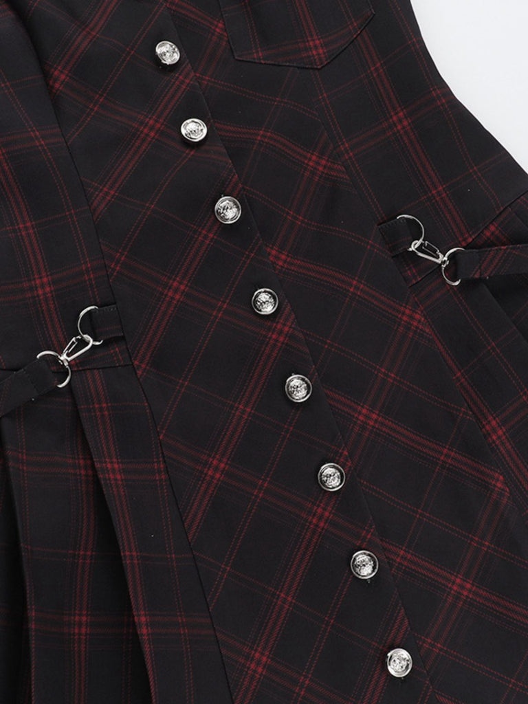 Wine Red 1960s Punk Lapel A-Line Plaid Dress