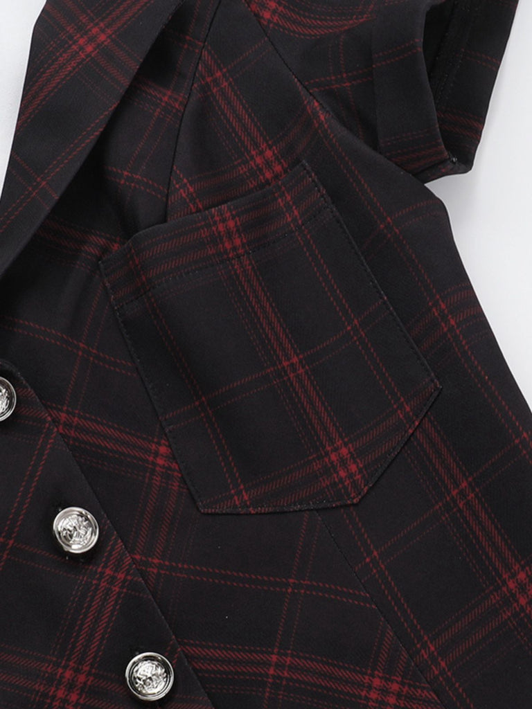 Wine Red 1960s Punk Lapel A-Line Plaid Dress