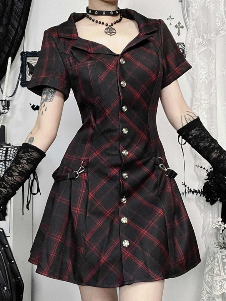 Wine Red 1960s Punk Lapel A-Line Plaid Dress