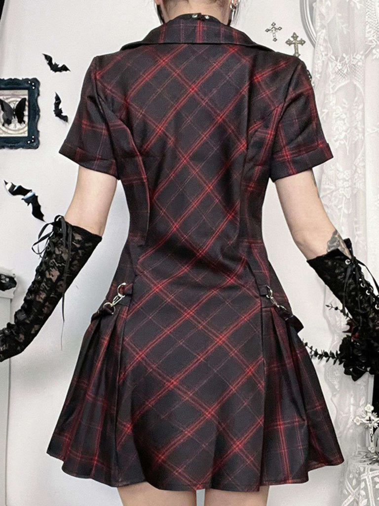 Wine Red 1960s Punk Lapel A-Line Plaid Dress