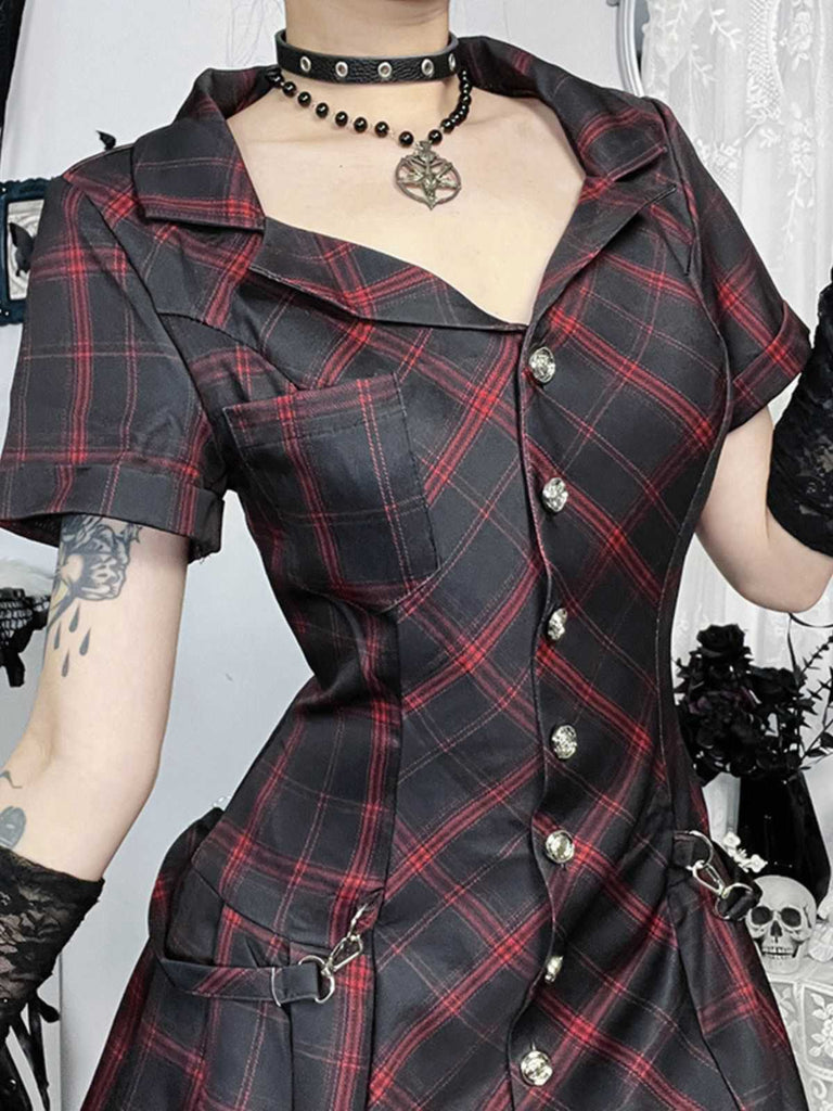 Wine Red 1960s Punk Lapel A-Line Plaid Dress
