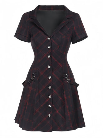Wine Red 1960s Punk Lapel A-Line Plaid Dress