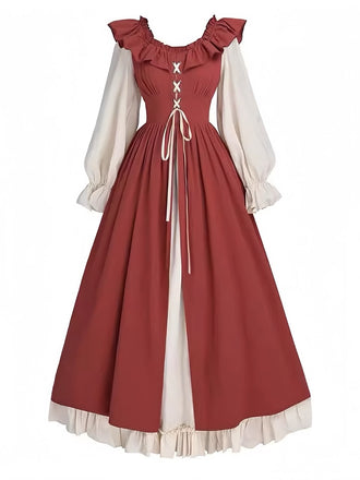 1930s Colorblock Ruffled Lace-Up Renaissance Dress