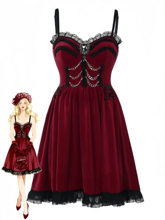 Burgundy 1950s Christmas Gothic Velvet Chain Rhinestone Dress