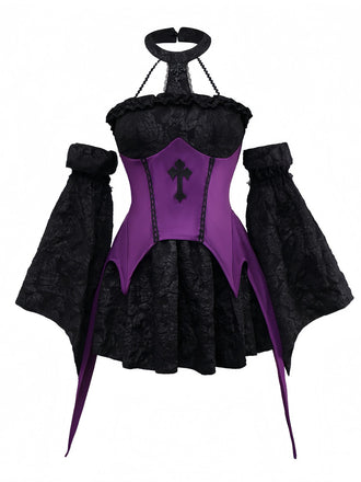 2PCS Purple 1980s Gothic Cross Witch Top & Skirt