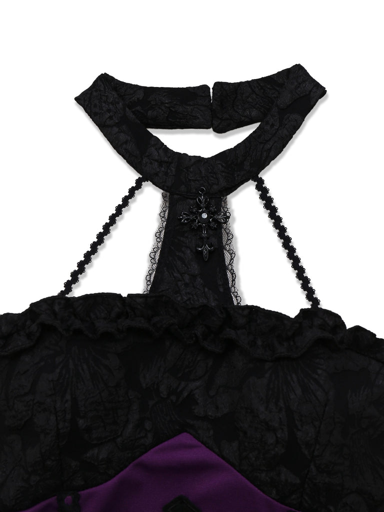 2PCS Purple 1980s Gothic Cross Witch Top & Skirt