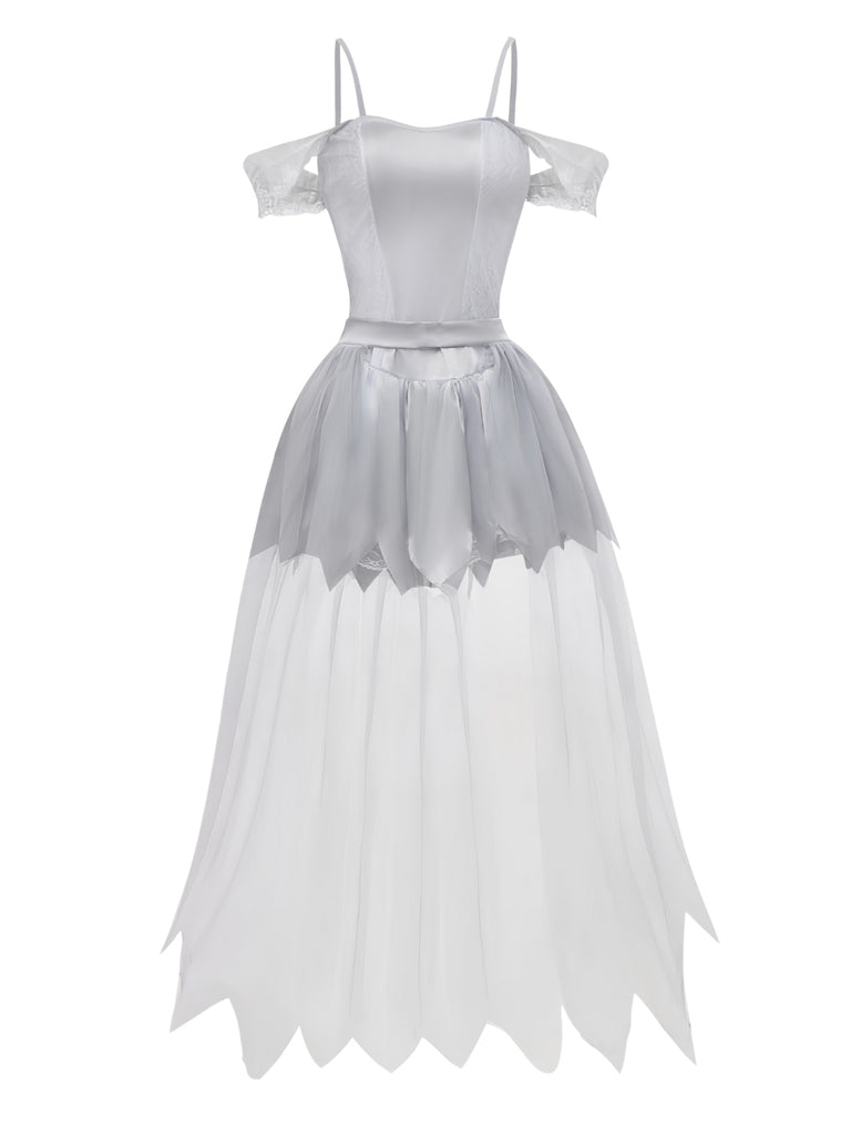 White 1960s Halloween Zombie Bride Lace Mesh Dress