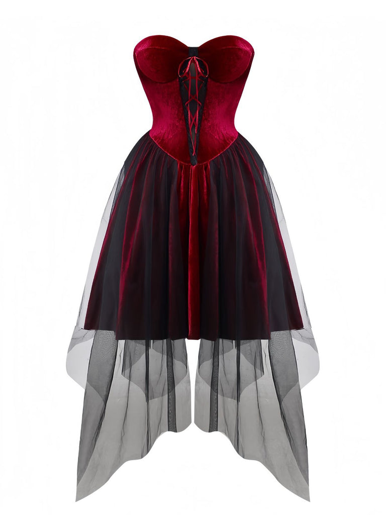 Burgundy 1960s Gothic Mesh Strapless Irregular Hem Dress