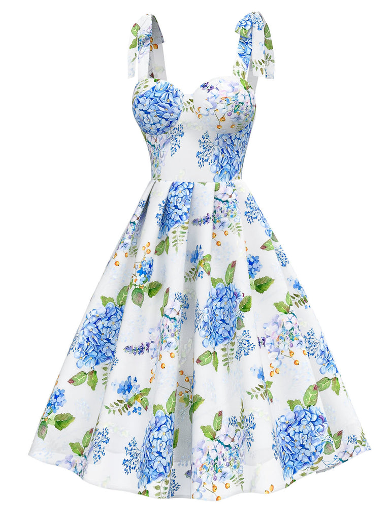 Blue 1950s Floral Organza Lace-Up Dress