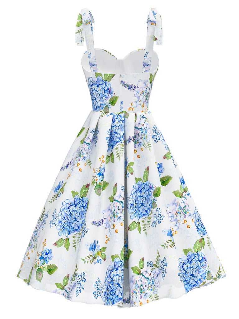 Blue 1950s Floral Organza Lace-Up Dress
