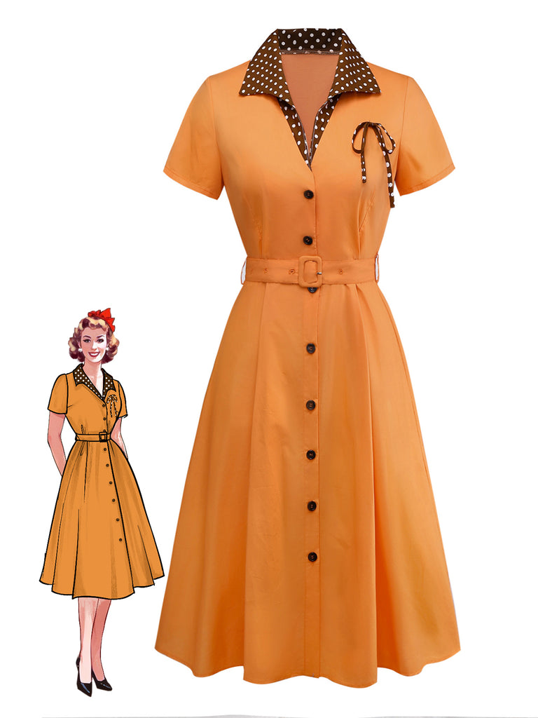 [Pre-Sale] Orange 1940s Cotton Polka Dot Lapel Bow Dress