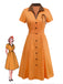 [Pre-Sale] Orange 1940s Cotton Polka Dot Lapel Bow Dress