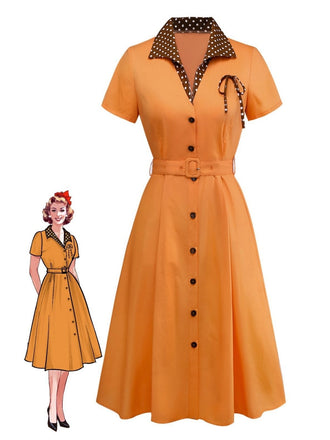 Orange 1940s Cotton Polka Dot Lapel Bow Dress