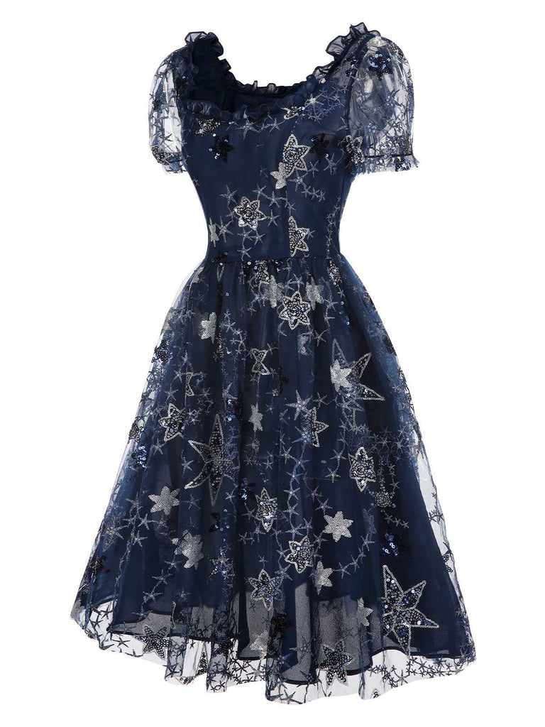 [Pre-Sale] Blue 1950s Star Sequined Mesh Ruffled Princess Dress