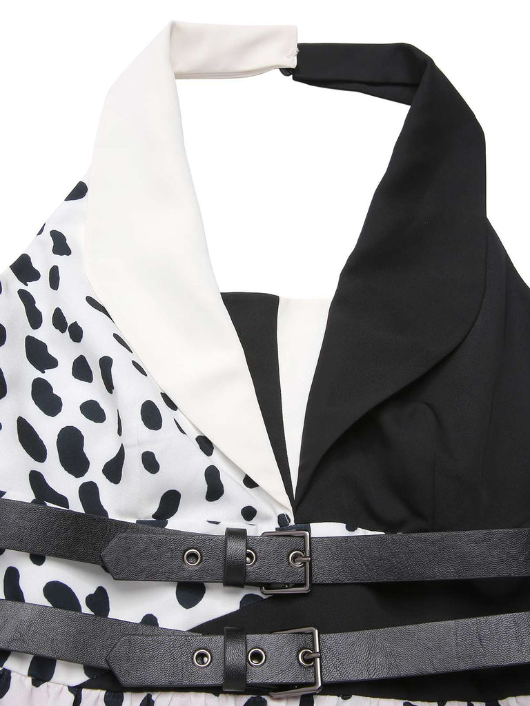 [Pre-Sale] Red 1970s Irregular Contrast Halter Dalmatian Dress