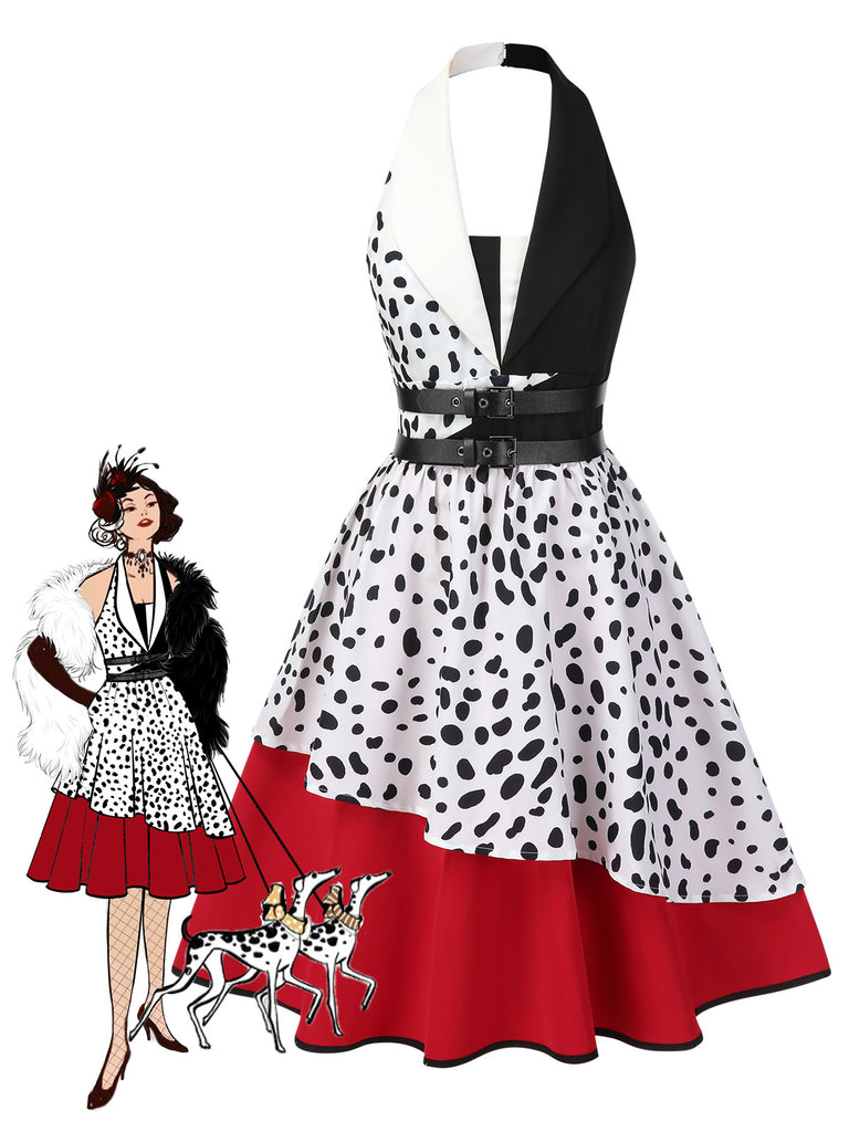 [Pre-Sale] Red 1970s Irregular Contrast Halter Dalmatian Dress