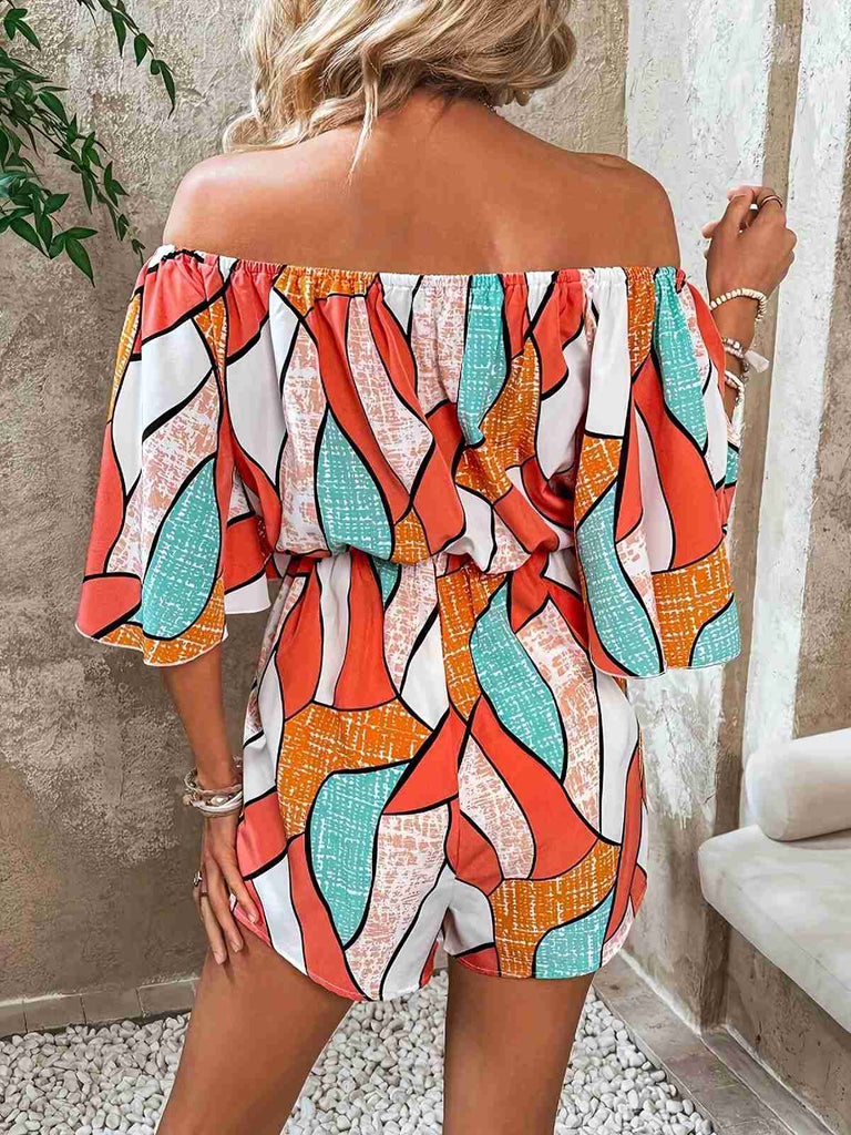 Orange 1950s Geometric Drawstring Off-Shoulder Romper
