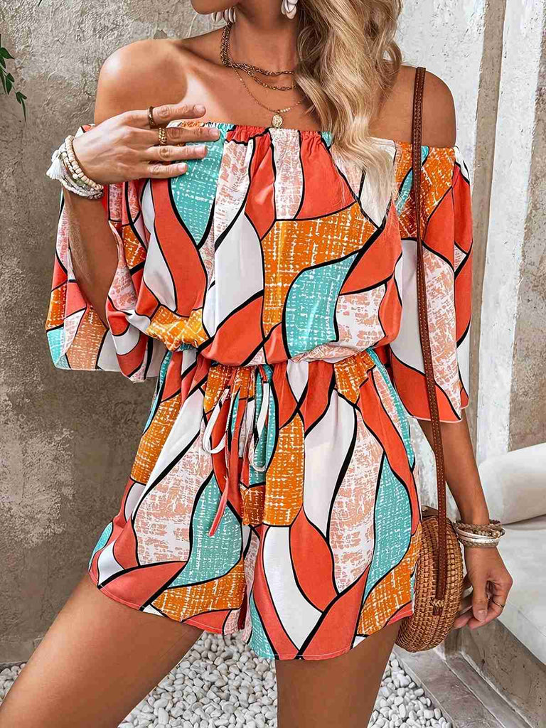 Orange 1950s Geometric Drawstring Off-Shoulder Romper