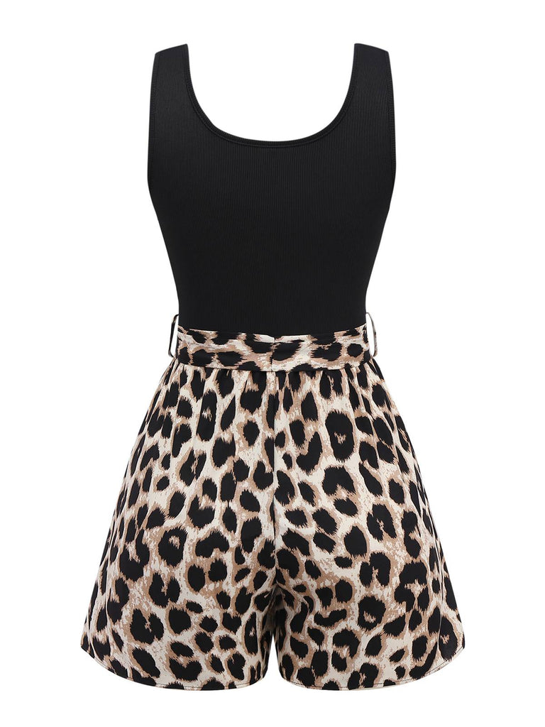 Black 1950s Leopard Square Neck Romper